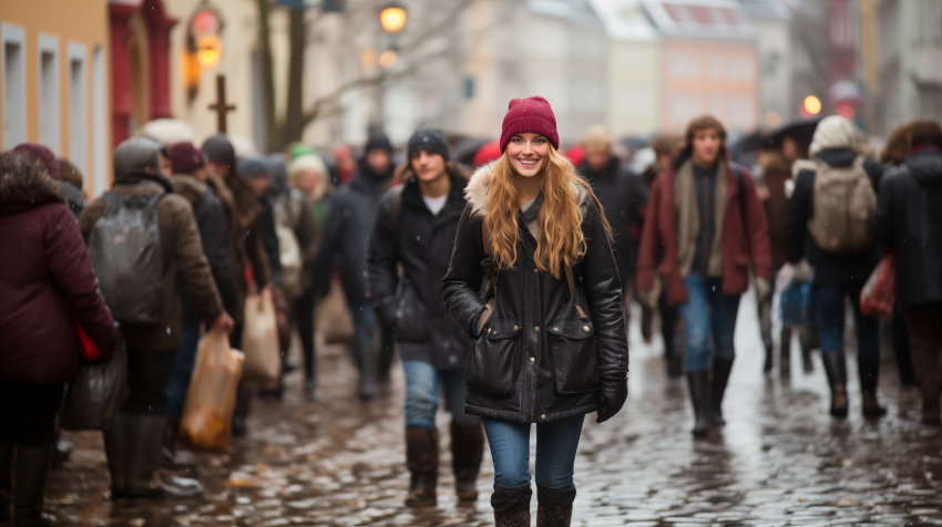 Smiling Woman Amidst Busy Winter Crowd