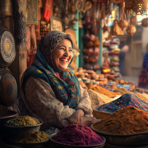 Smiling Woman at Vibrant Spice Market