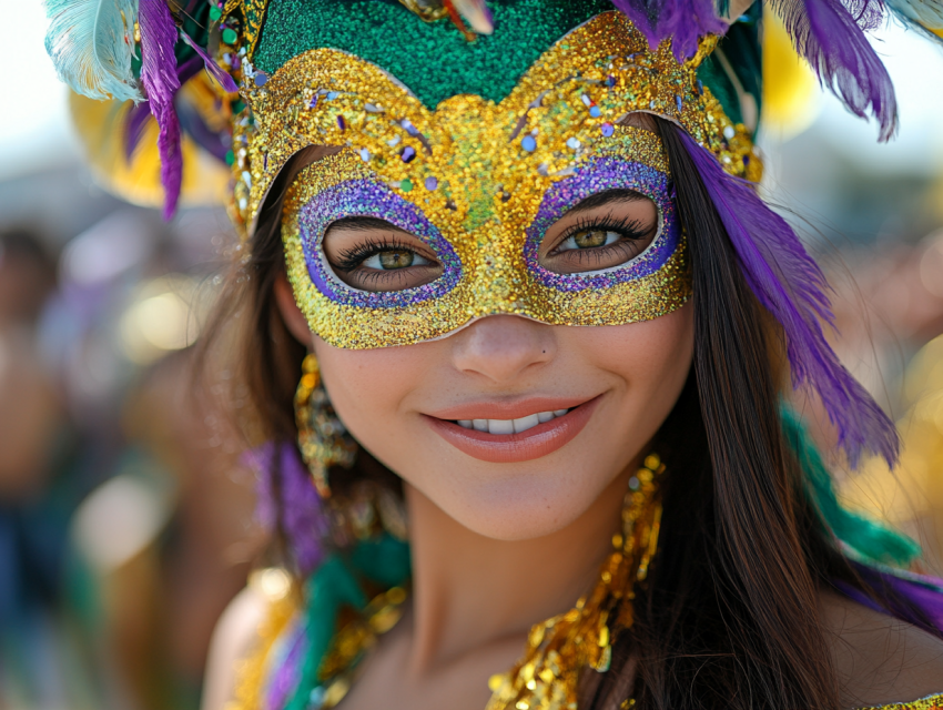 Smiling Woman in Glittering Carnival Mask