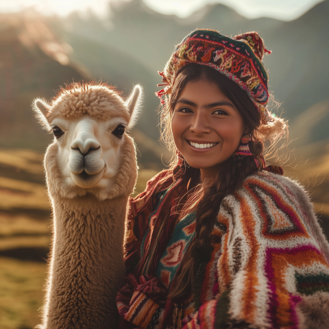 Smiling Woman in Traditional Clothing with Alpaca