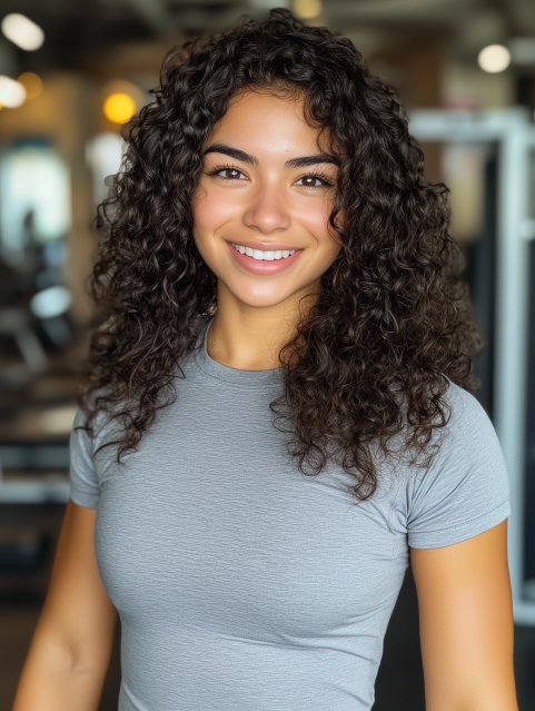 Smiling Woman with Curly Hair in Gym