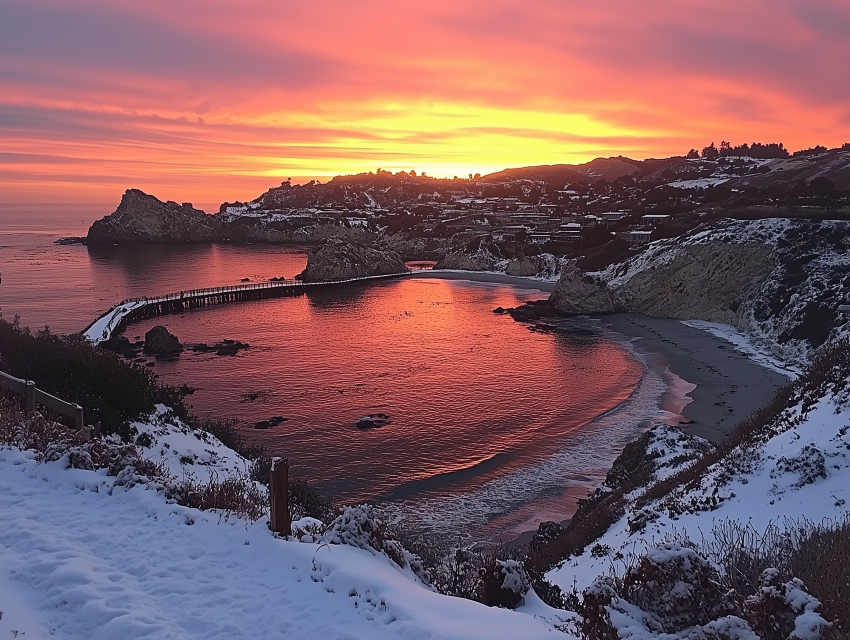 Snow-Covered Coastline at Vibrant Sunset