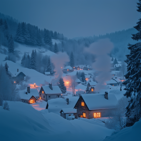 Snow-Covered Mountain Village at Twilight