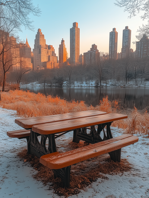 Snow-Covered Picnic Table in Urban Park