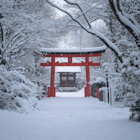 Snow-Covered Torii Gate in Winter Forest
