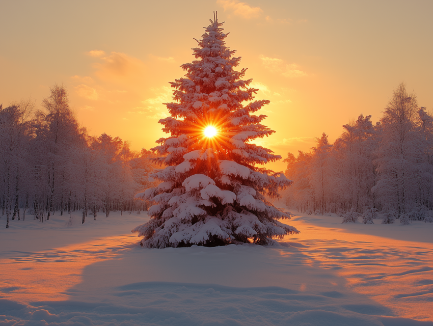 Snow-Covered Tree at Sunset Glow