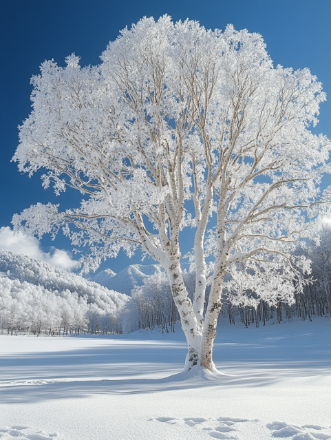 Snow-Covered Tree in Winter Landscape