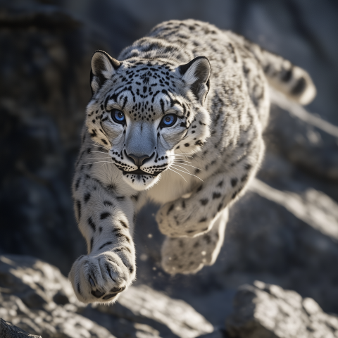 Snow Leopard Leaping Across Rocky Terrain