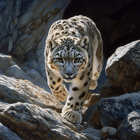 Snow Leopard Stalking in Rocky Terrain