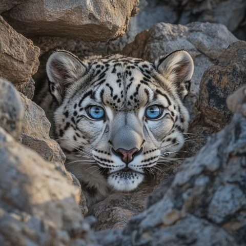 Snow Leopard with Blue Eyes Hiding in Rocks