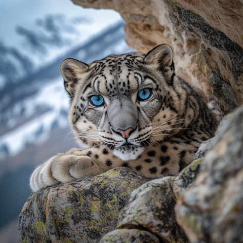 Snow Leopard with Blue Eyes on Rocky Cliff