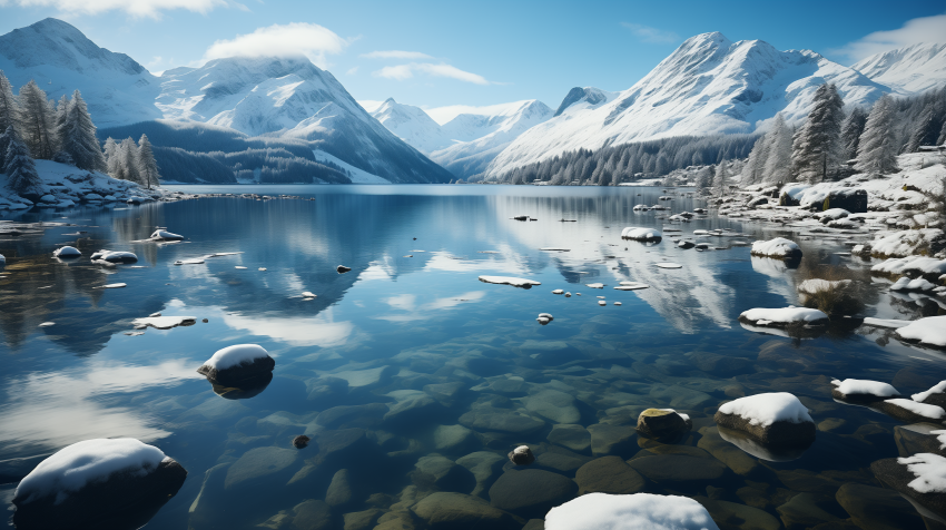 Snowy Alpine Lake with Rocky Shore