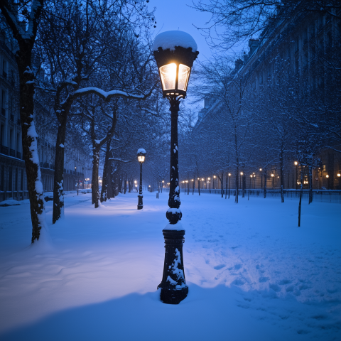 Snowy City Park with Glowing Street Lamps