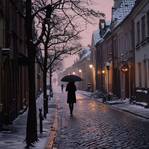 Snowy Cobblestone Street at Dusk with Umbrella Walker