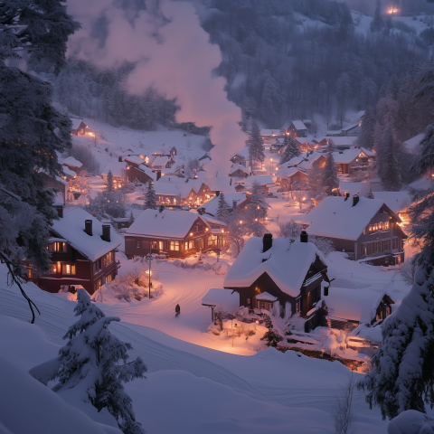 Snowy Mountain Village Glowing at Dusk