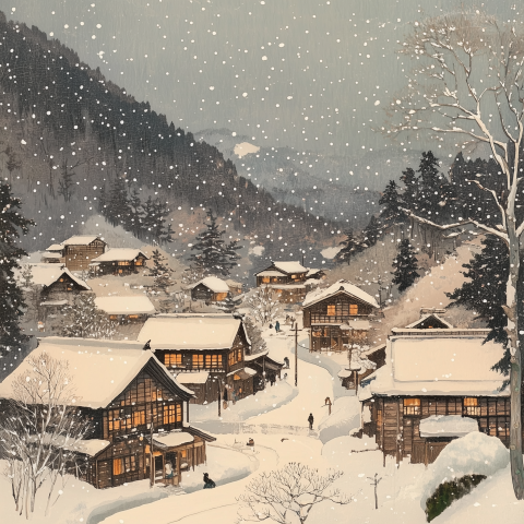 Snowy Mountain Village in Winter Storm