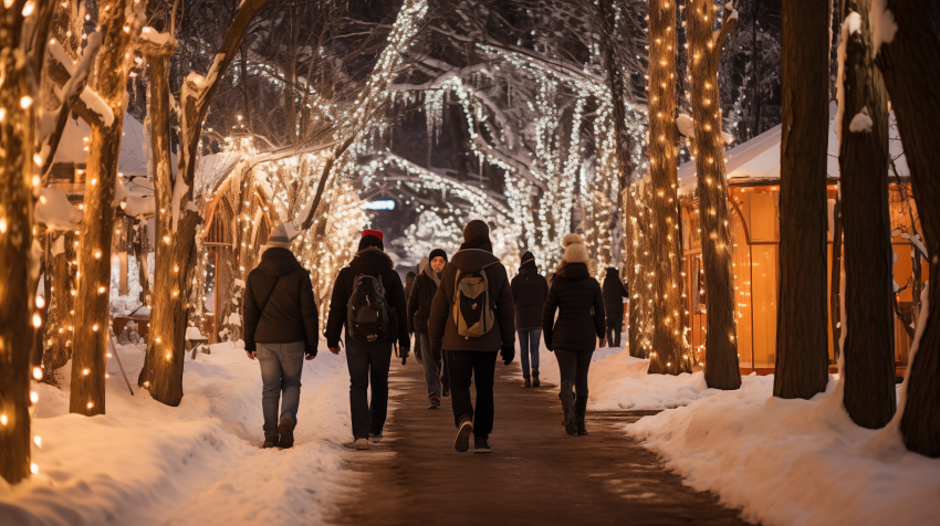 Snowy Pathway Illuminated by Holiday Lights