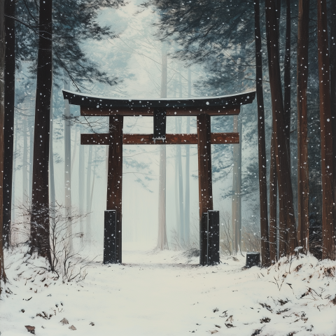 Snowy Torii Gate in Serene Winter Forest