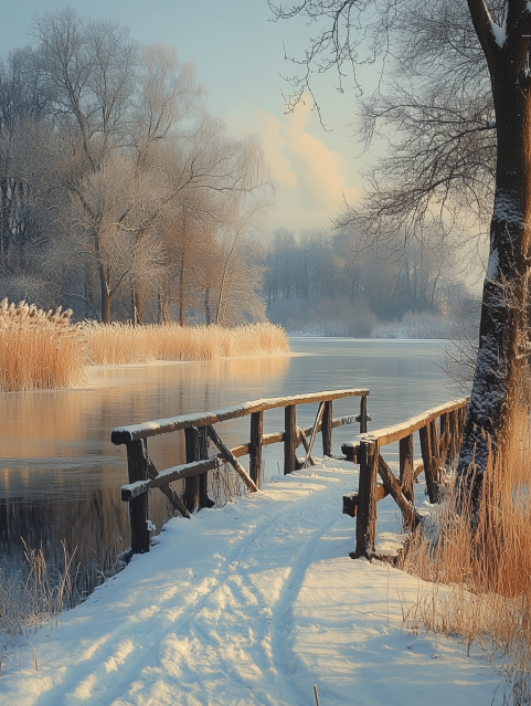 Snowy Wooden Bridge Over Frozen River