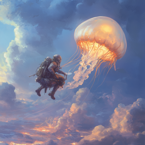 Soldier Parachuting With Giant Glowing Jellyfish