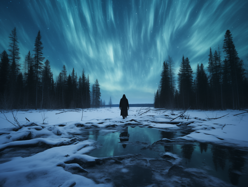 Solitary Figure Beneath Northern Lights Sky