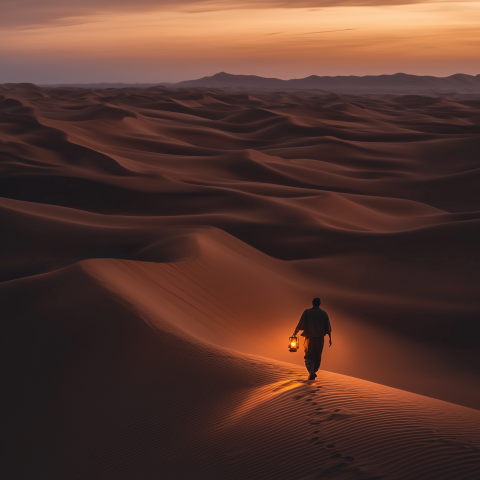 Solitary Lantern Walk Through Desert Dunes