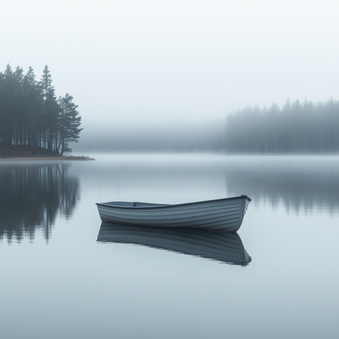 Solitary Rowboat on a Foggy Lake