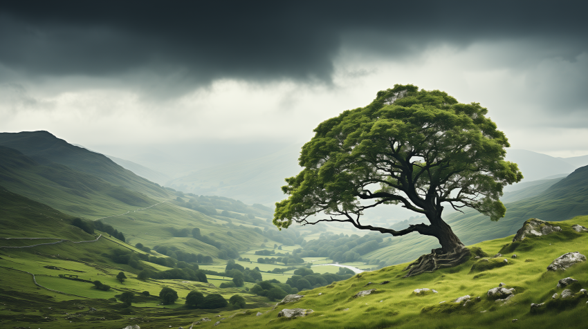 Solitary Tree Overlooking Mountain Valley