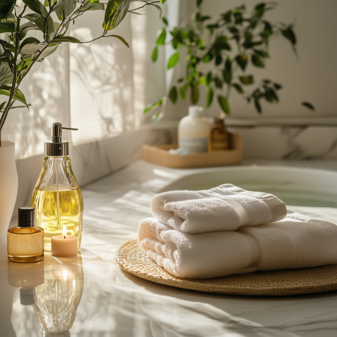 Spa Essentials in Bright Sunlit Bathroom