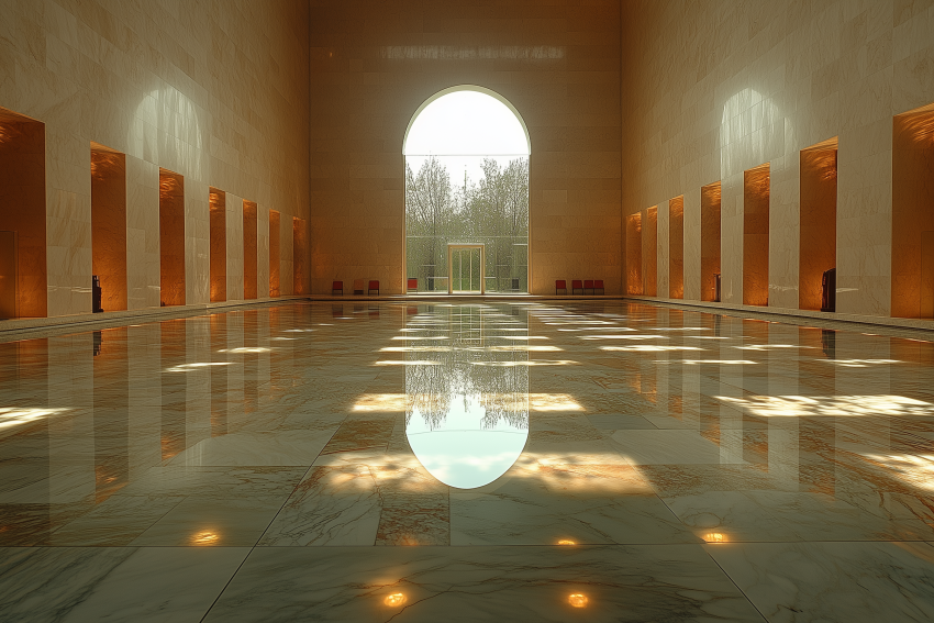 Spacious Marble Hall with Large Arched Window