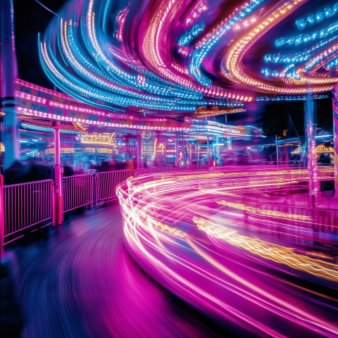 Spinning Carnival Ride with Neon Light Trails