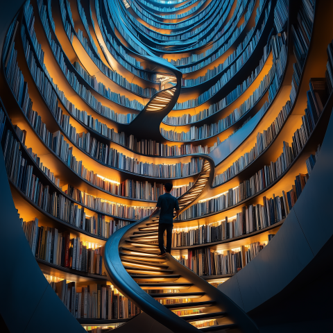 Spiral Library Tower with Endless Books