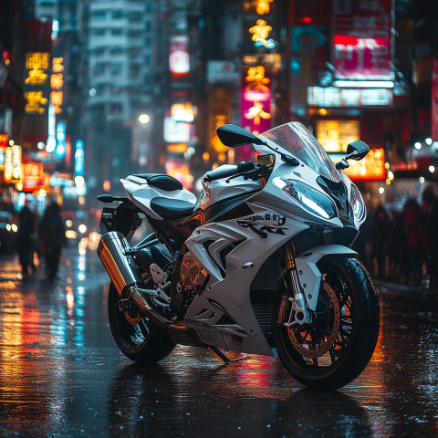 Sport Motorcycle in Rainy Neon-Lit City