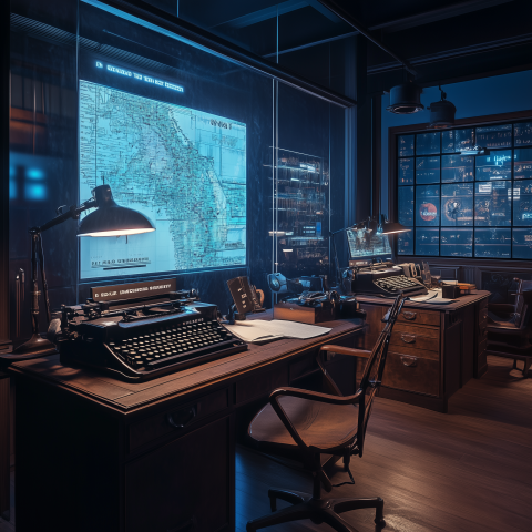 Spy Command Room with Map and Typewriters