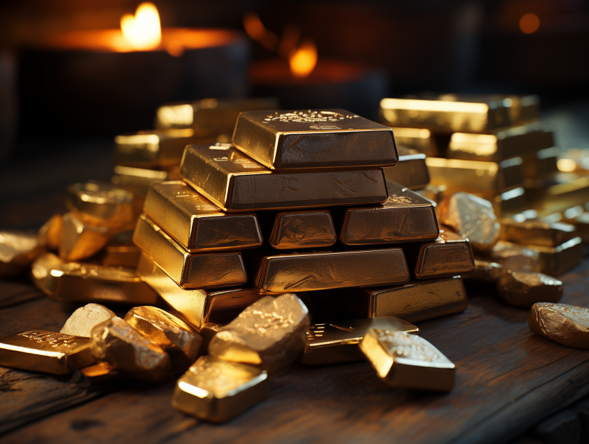 Stack of Shiny Gold Bars and Nuggets