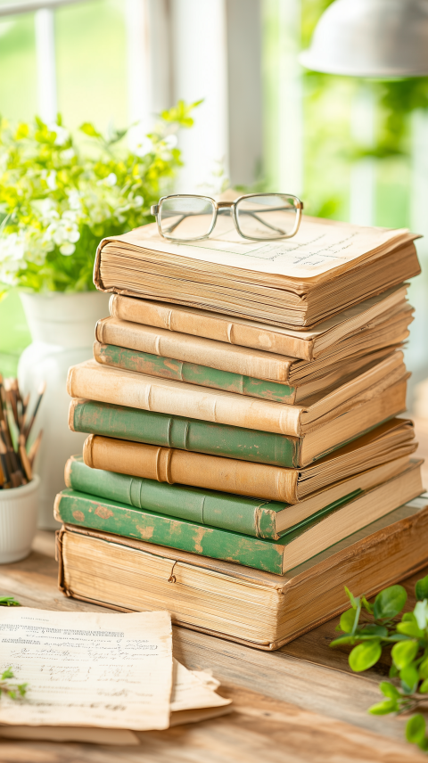 Stack of Vintage Books with Reading Glasses