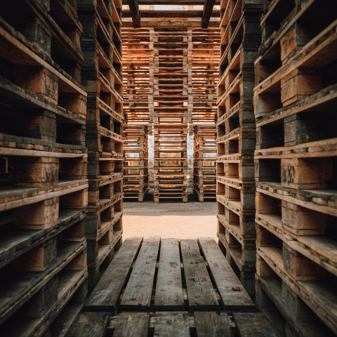 Stacked Wooden Pallets in Narrow Aisle