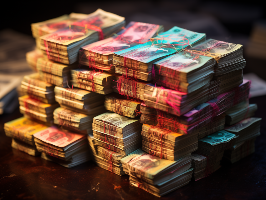 Stacks of Cash Bundles on Table