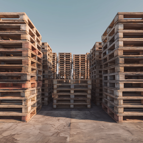 Stacks of Wooden Pallets in Storage Yard