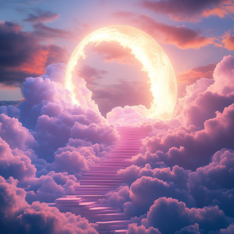 Stairway Through Clouds to Glowing Moon