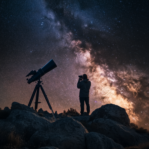 Stargazer with Telescope Under Milky Way