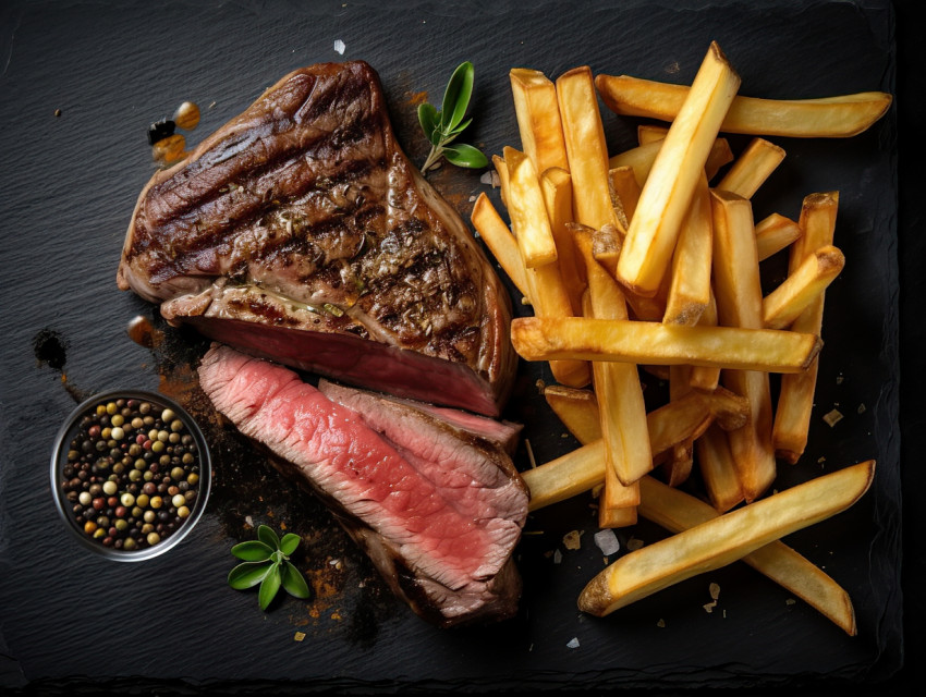 Grilled Steak with Fries on Slate Plate