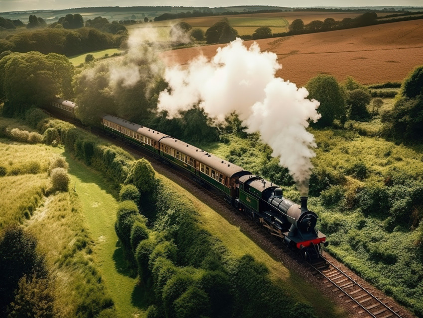 Steam Locomotive Traveling Through Countryside