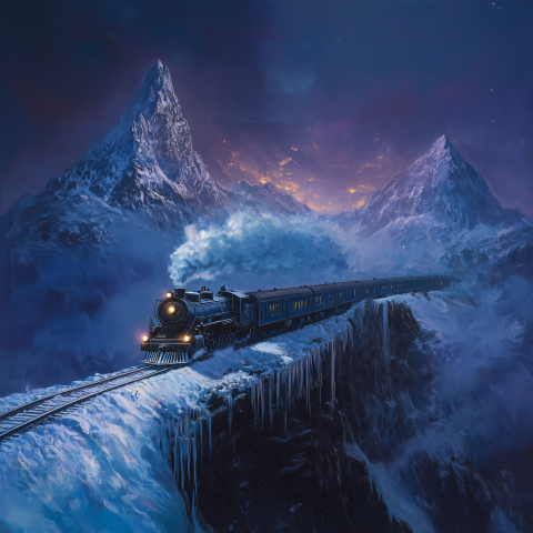 Steam Train Crossing Frozen Mountain Pass