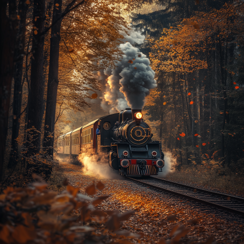 Steam Train Traveling Through Autumn Forest