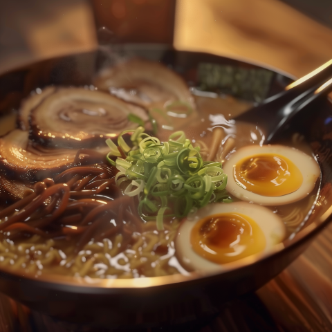 Steaming Bowl of Ramen with Eggs and Pork