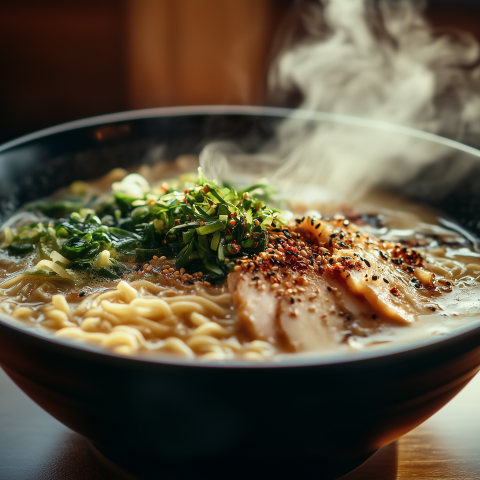 Steaming Bowl of Ramen with Toppings