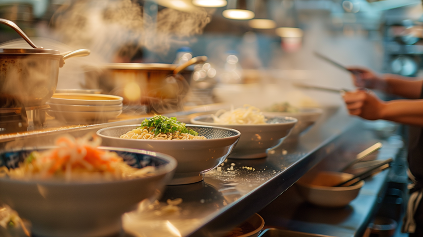 Steaming Bowls of Ramen in a Busy Kitchen