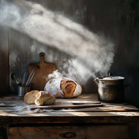 Steaming Fresh Bread on Rustic Wooden Table