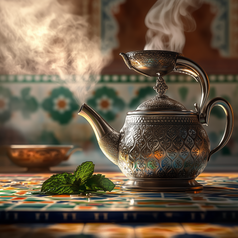 Steaming Moroccan Teapot on Patterned Table